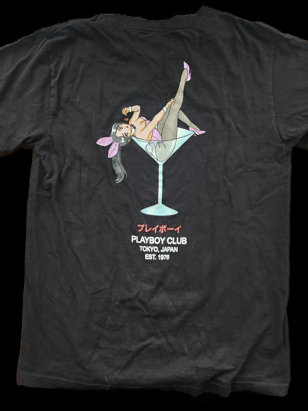 PLAYBOY Black Tee with Pastel Martini Girl Graphic